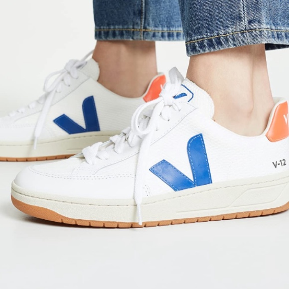 Veja V-12 White Indigo Orange Lace-Up Sneakers